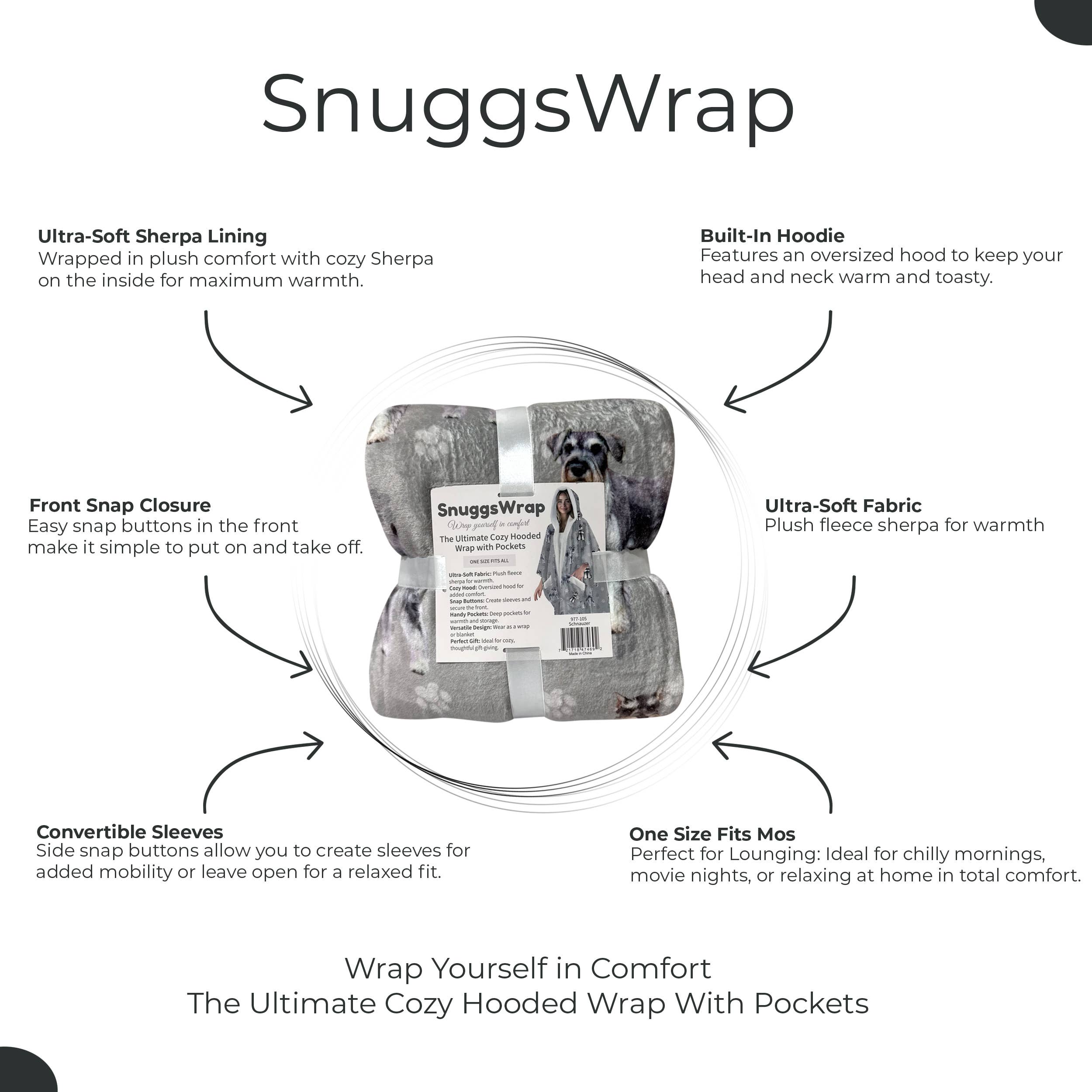 Schnauzer Snugg Wraps with Hoodie – Ultra Soft Sherpa Fleece Wrap for Pet Lovers