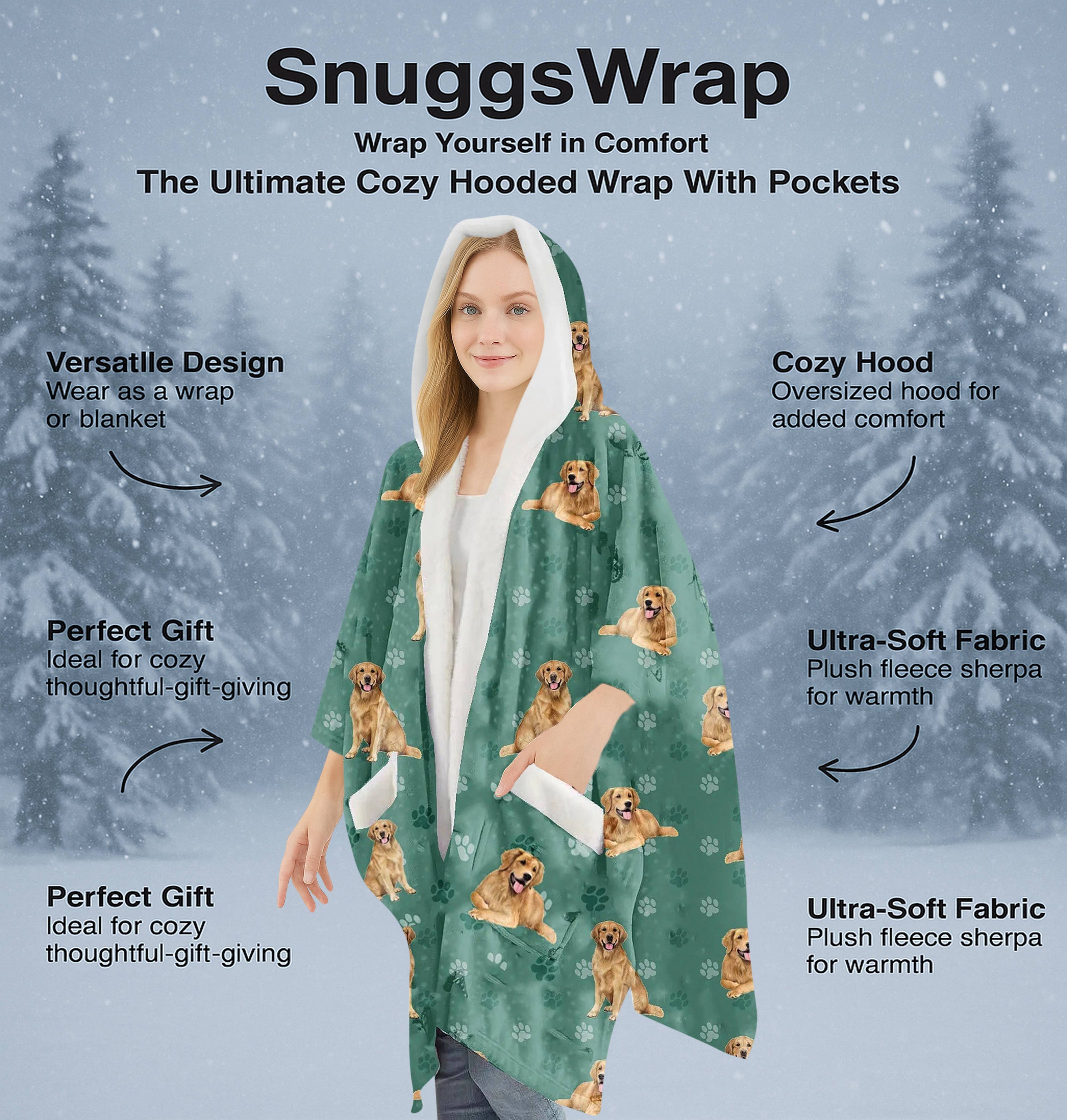 Golden Retriever Snugg Wraps with Hoodie – Ultra Soft Sherpa Fleece Wrap for Pet Lovers