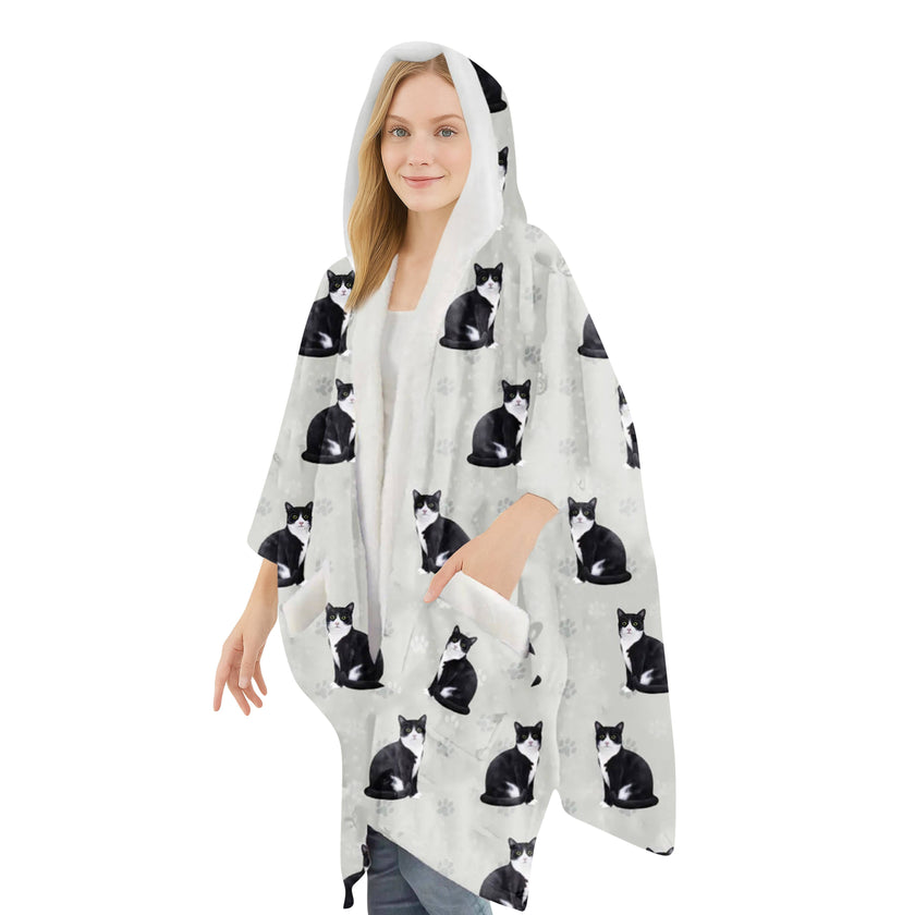 Black & White Cat Snugg Wraps with Hoodie – Ultra Soft Sherpa Fleece Wrap for Pet Lovers