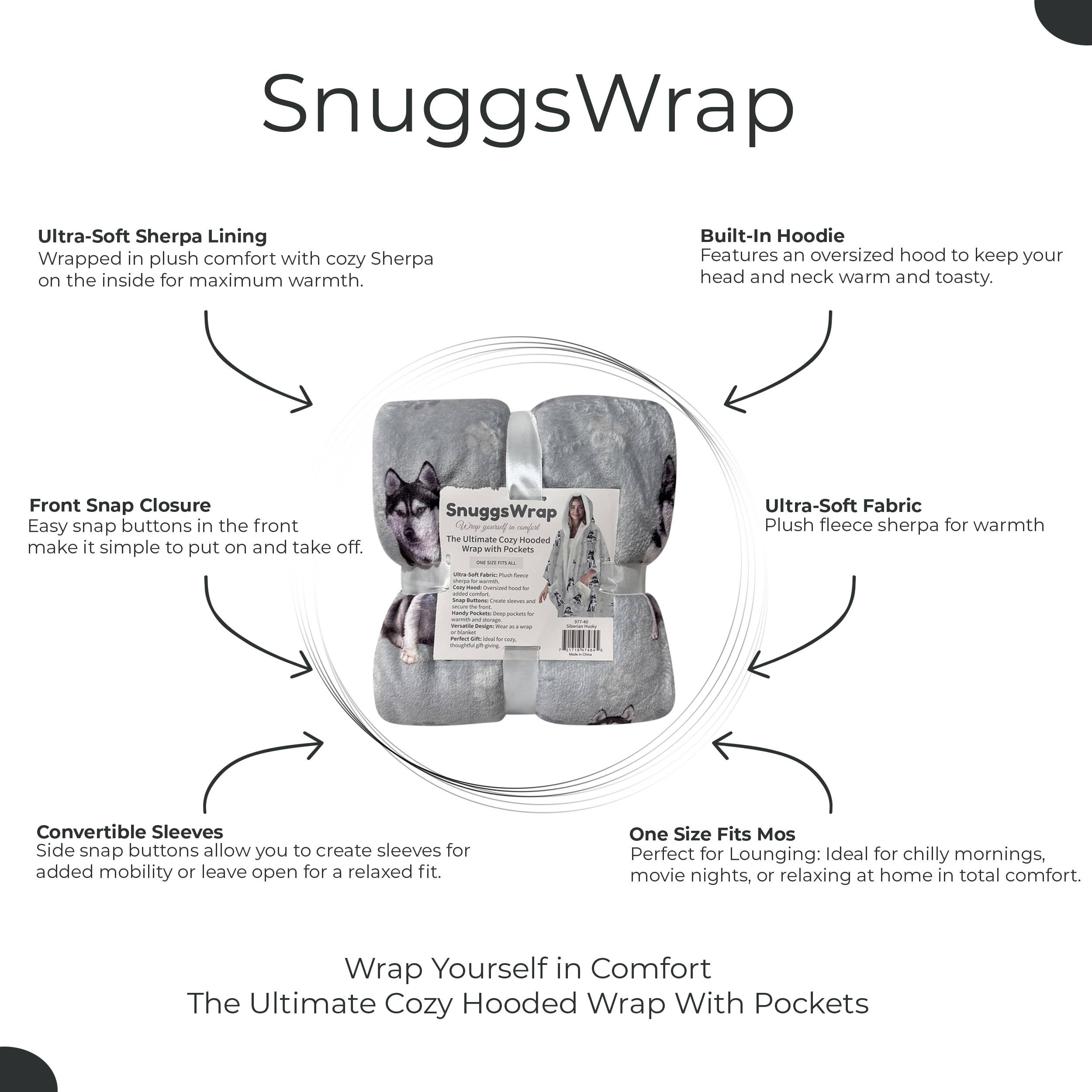 Siberian Husky Snugg Wraps with Hoodie – Ultra Soft Sherpa Fleece Wrap for Pet Lovers