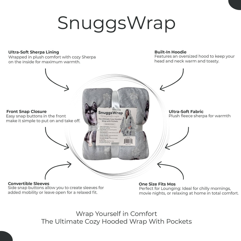 Siberian Husky Snugg Wraps with Hoodie – Ultra Soft Sherpa Fleece Wrap for Pet Lovers