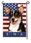 This Chihuahua SH Black Tri USA American Garden Flag is a testament to the beauty of your favorite breed and the American Flag.