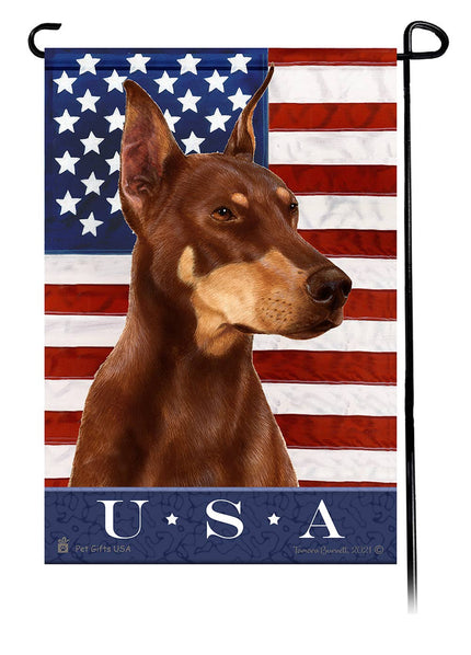 This Doberman Red Cropped USA American Garden Flag is a testament to the beauty of your favorite breed and the American Flag.