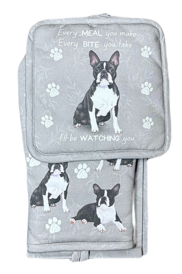 Boston Terrier, oven mitt set