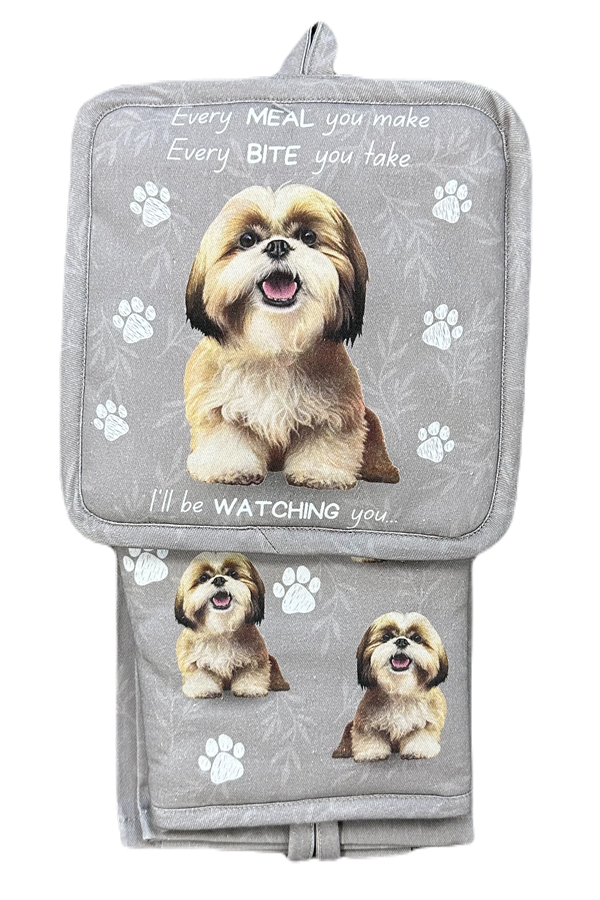 Shih Tzu Tan and White, oven mitt set