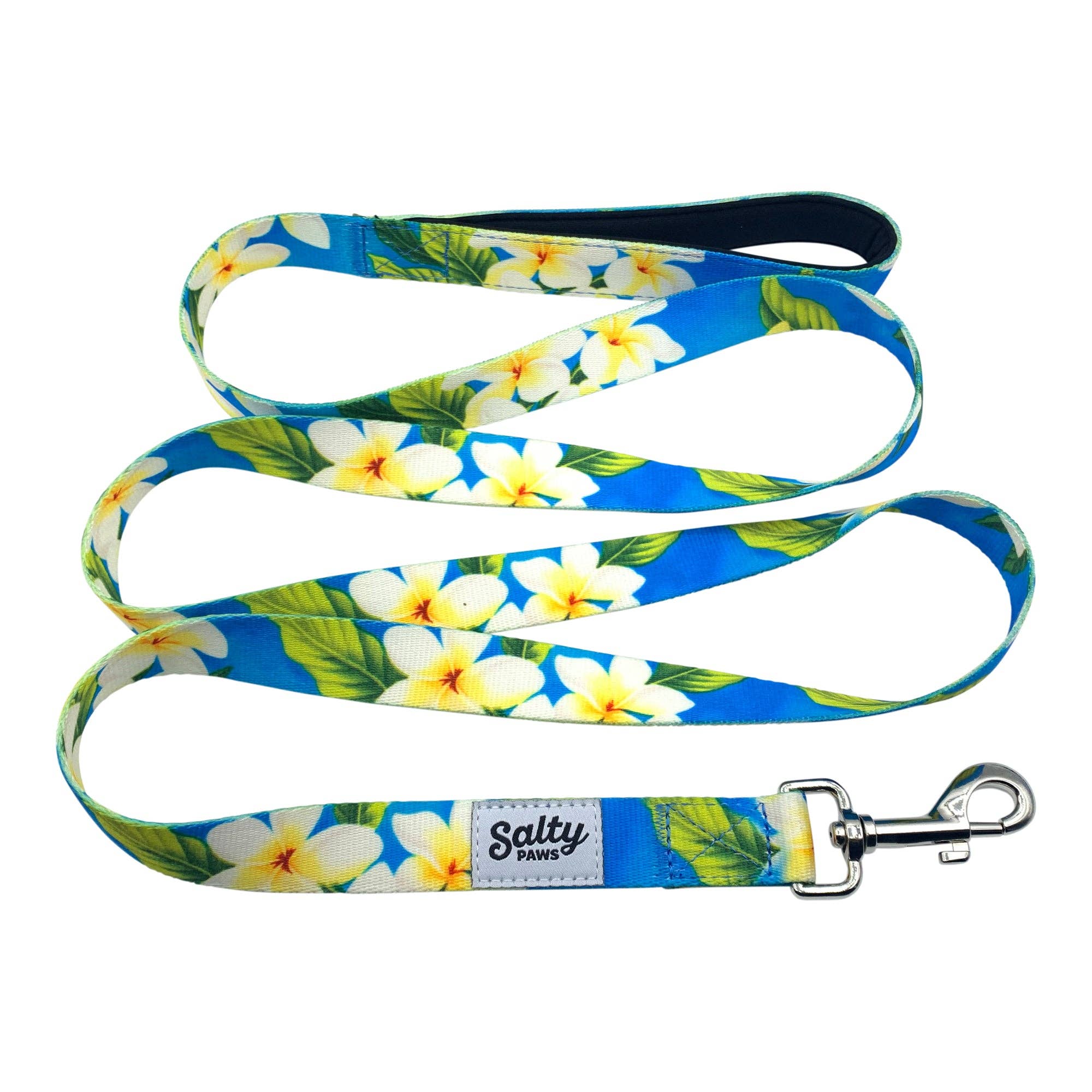 Hawaiian Print Dog Leash Tropical Blue Floral 6' Length Neoprene Lined Handle