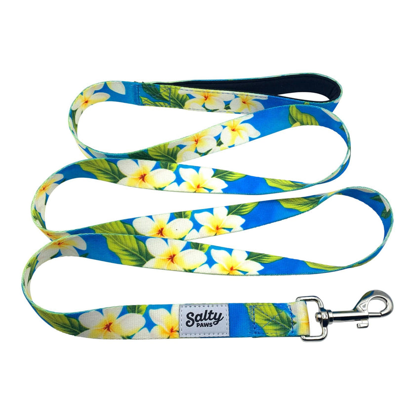 Hawaiian Print Dog Leash Tropical Blue Floral 6' Length Neoprene Lined Handle