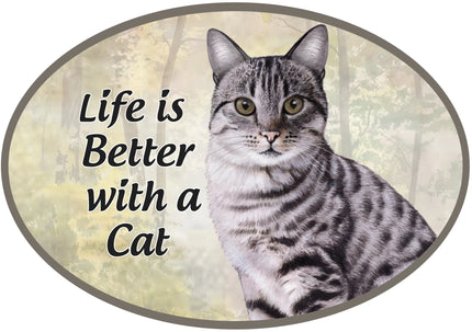 Silver Tabby Cat - Life is Better Oval Magnet