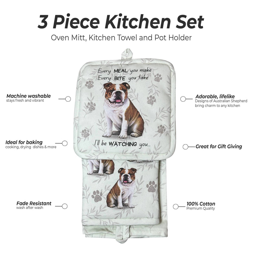 Bulldog, oven mitt set