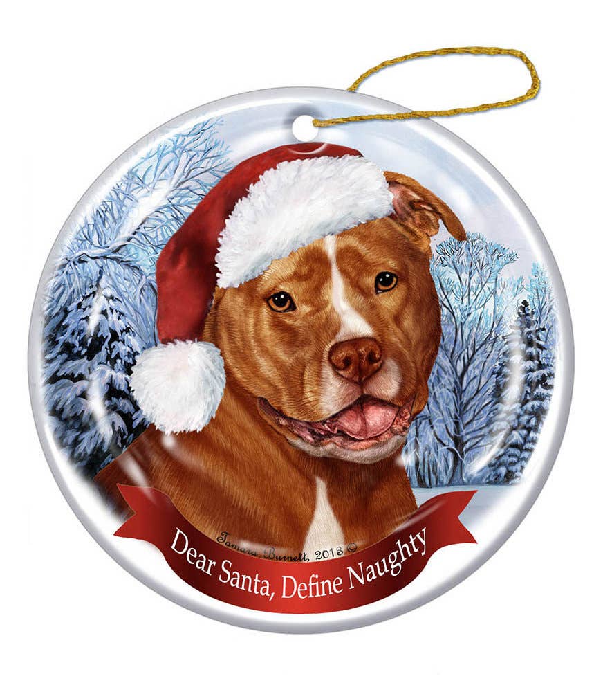 Pit Bull (Uncropped Orange & White) Santa Hat Dog Porcelain  Ornament