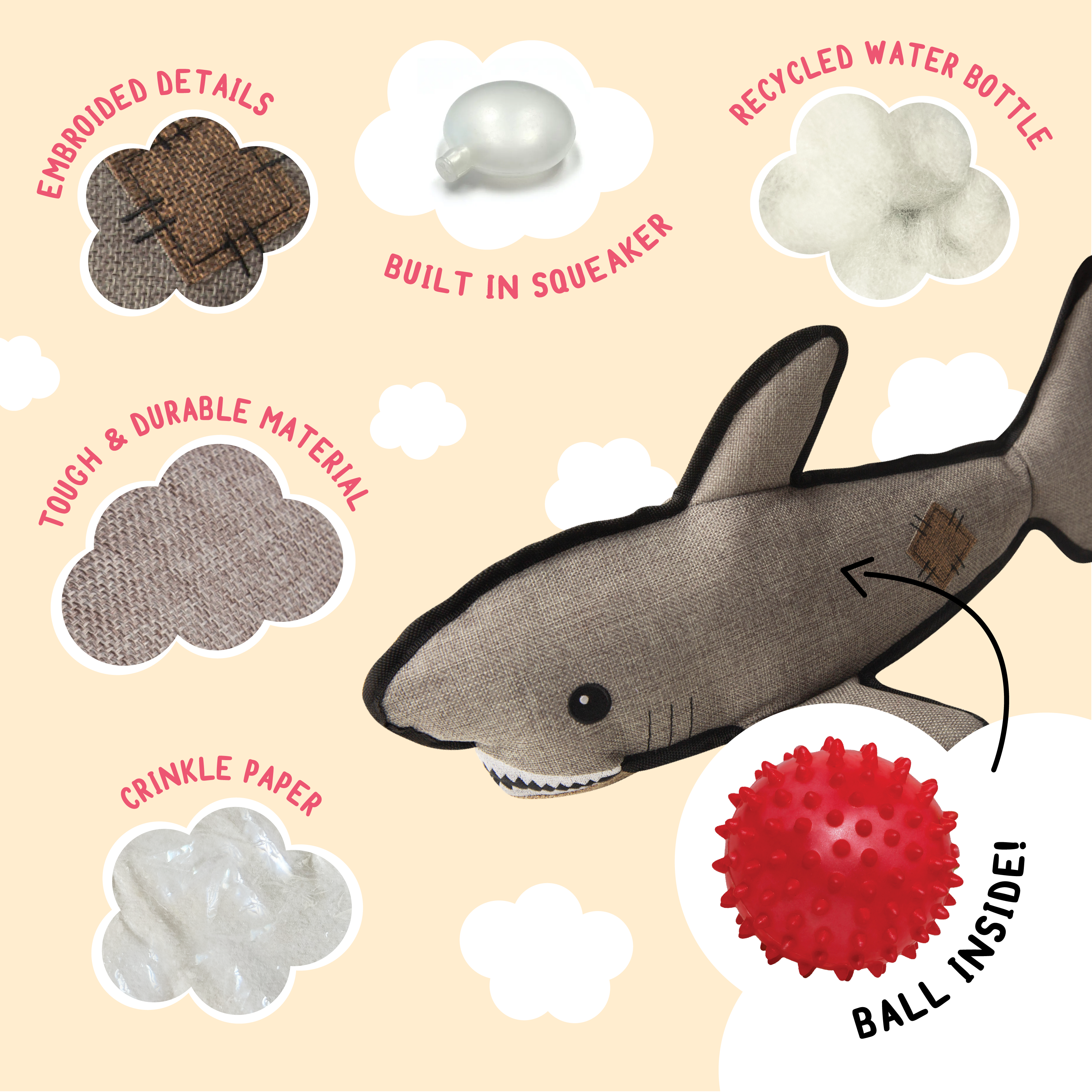 Dog Toy Shark SnugArooz Saul the Shark w/ Rubber Spikey Ball Dog Toy 19