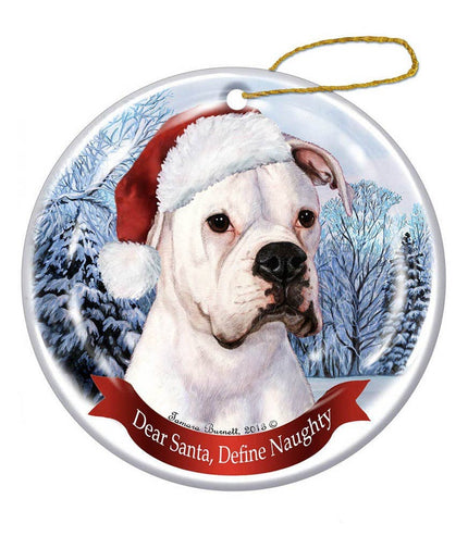 Boxer (White) Uncropped Santa Hat Dog Ornament