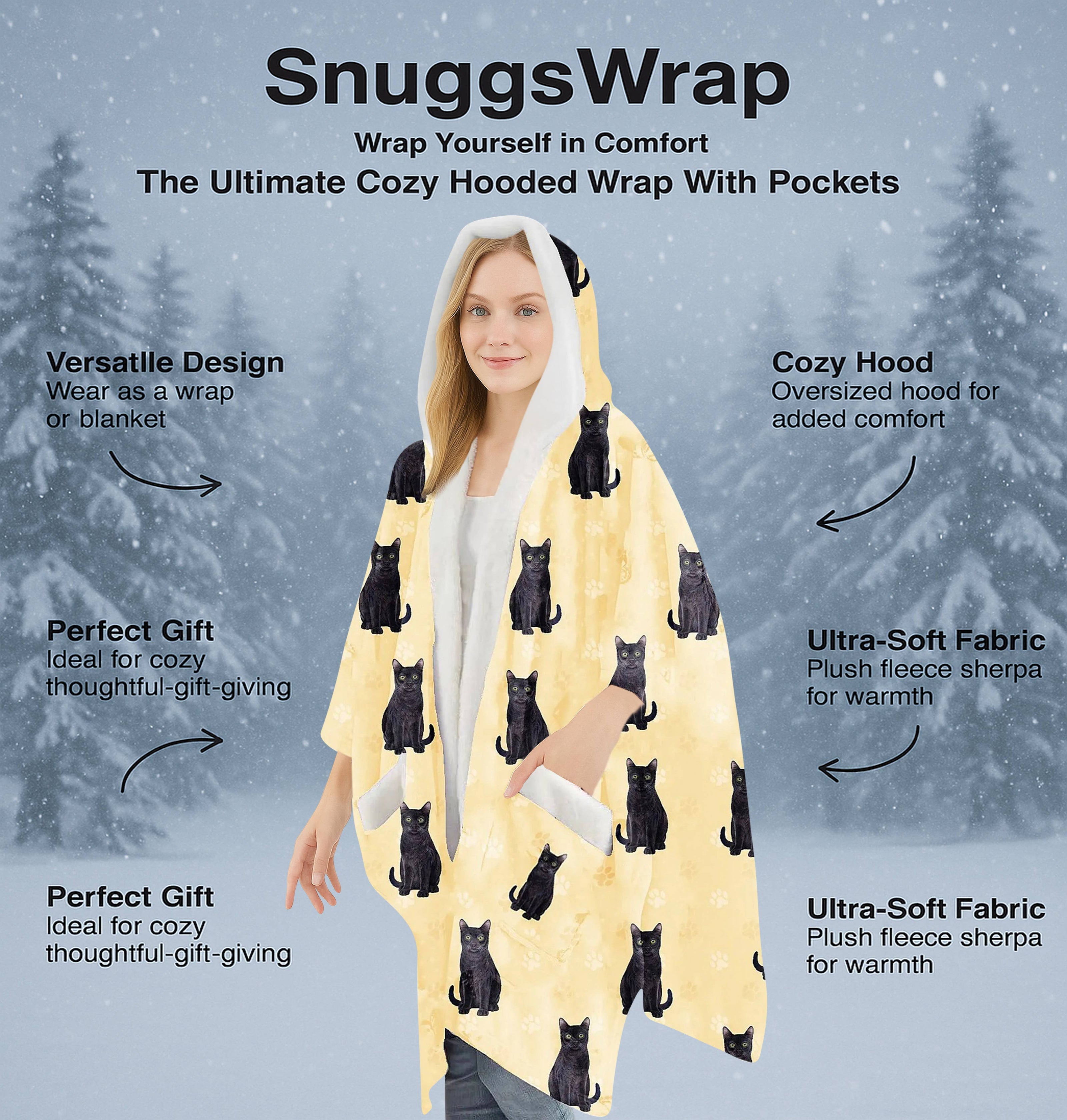 Black Cat Snugg Wraps with Hoodie – Ultra Soft Sherpa Fleece Wrap for Pet Lovers