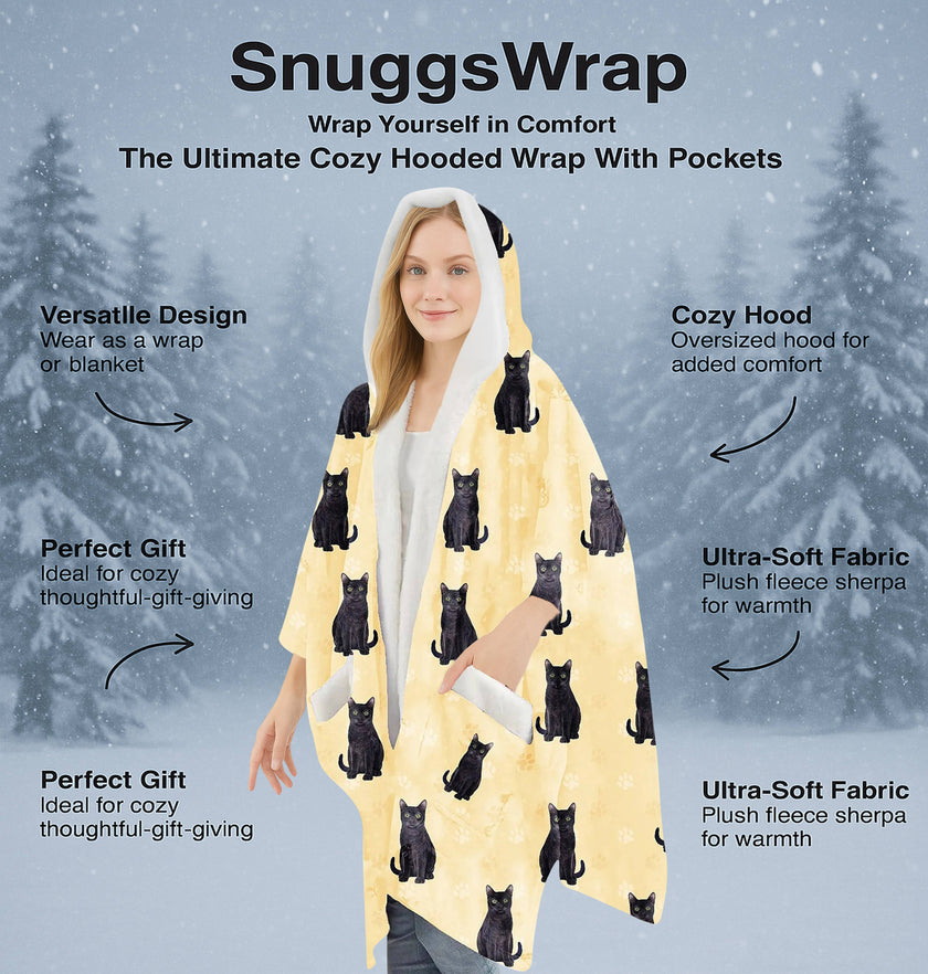 Black Cat Snugg Wraps with Hoodie – Ultra Soft Sherpa Fleece Wrap for Pet Lovers