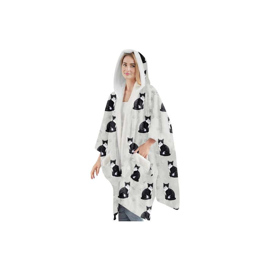 Black & White Cat Snugg Wraps with Hoodie – Ultra Soft Sherpa Fleece Wrap for Pet Lovers