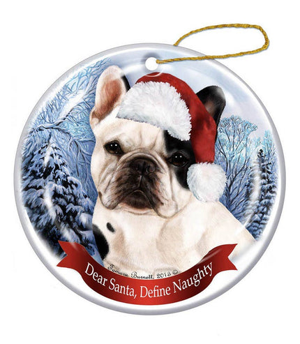 French Bulldog White & Black Santa Hat Dog Porcelain  Ornament