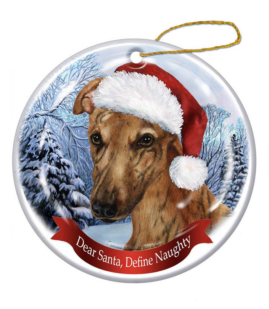 Greyhound (Red Brindle) Santa Hat Dog Porcelain  Ornament