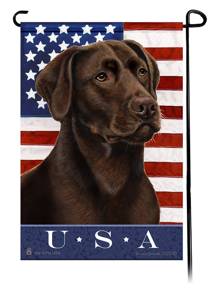 This Labrador Chocolate American USA American Garden Flag is a testament to the beauty of your favorite breed and the American Flag. 