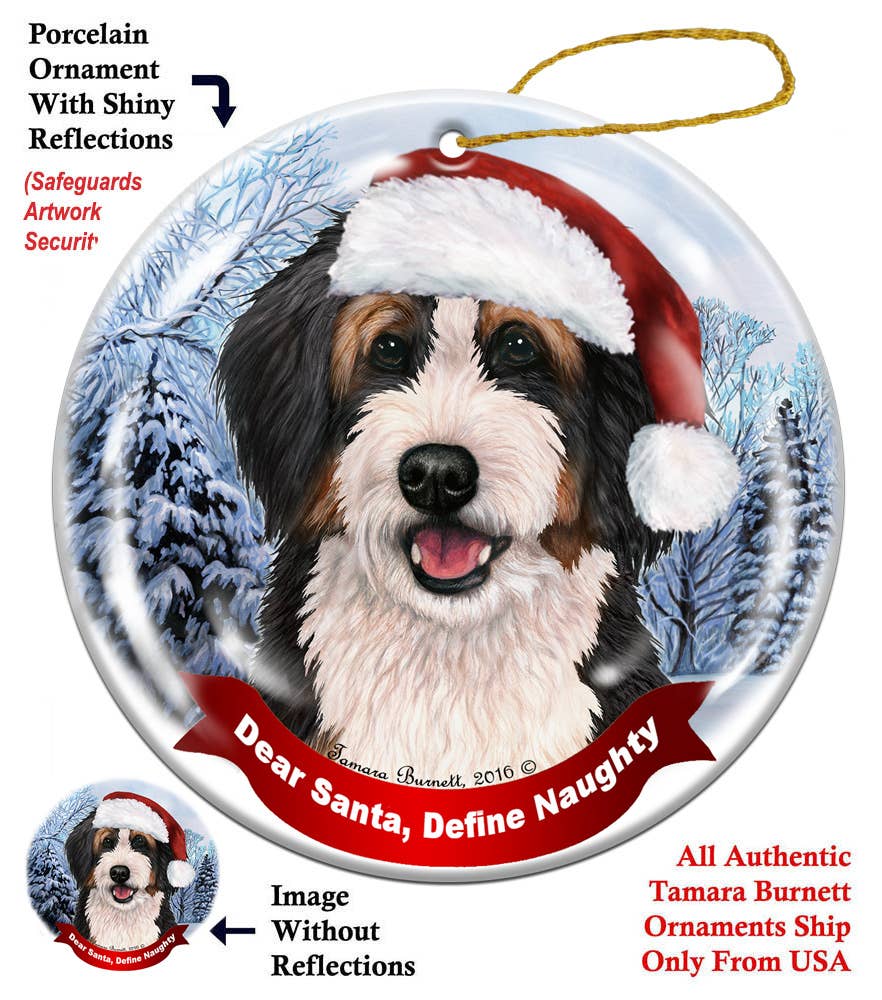 Bernedoodle Tricolor Santa Hat Dog Porcelain  Ornament