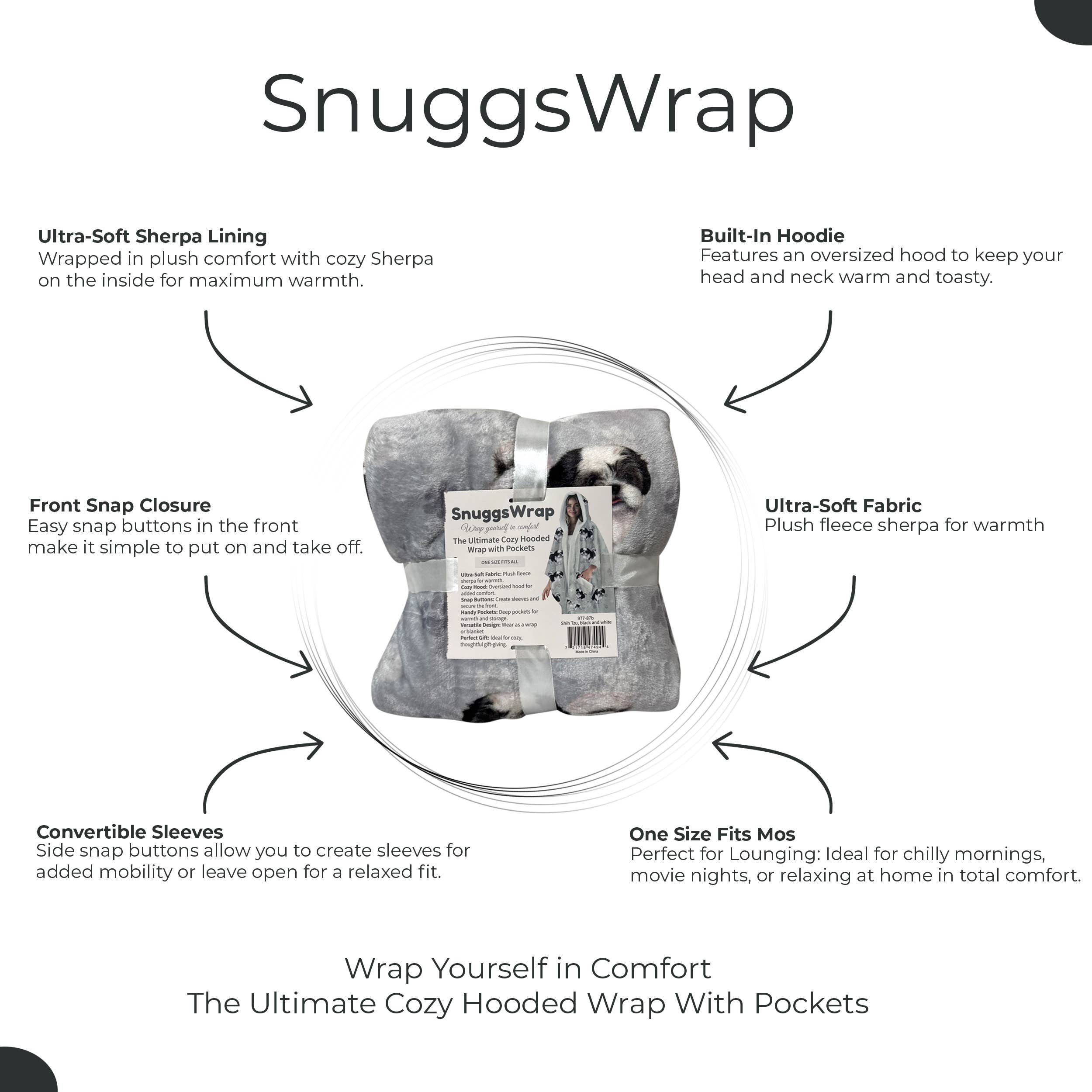 Shih Tzu Snugg Wraps with Hoodie – Ultra Soft Sherpa Fleece Wrap for Pet Lovers