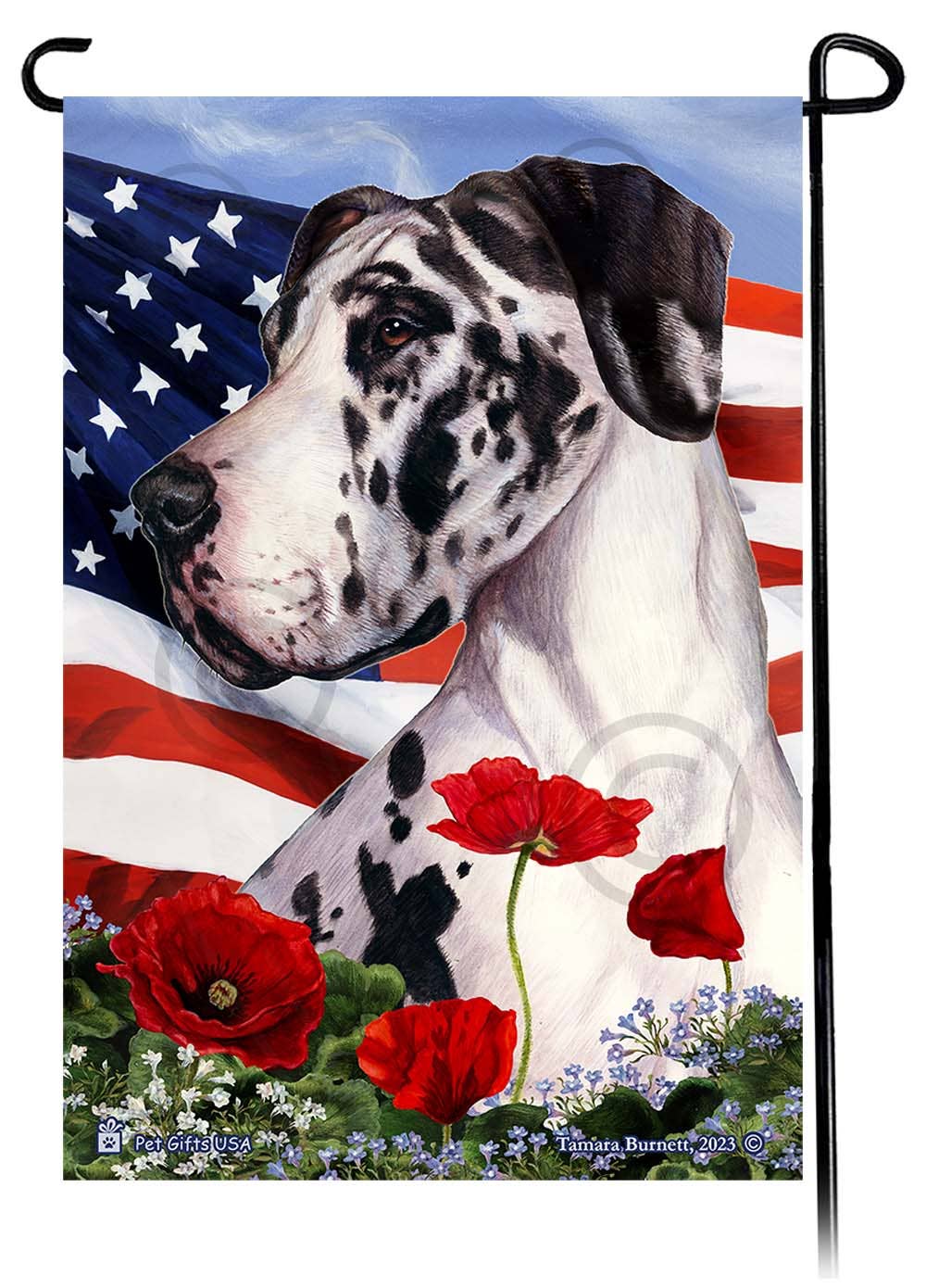 Great Dane Harlequin Uncropped - Patriotic Flowers Garden...