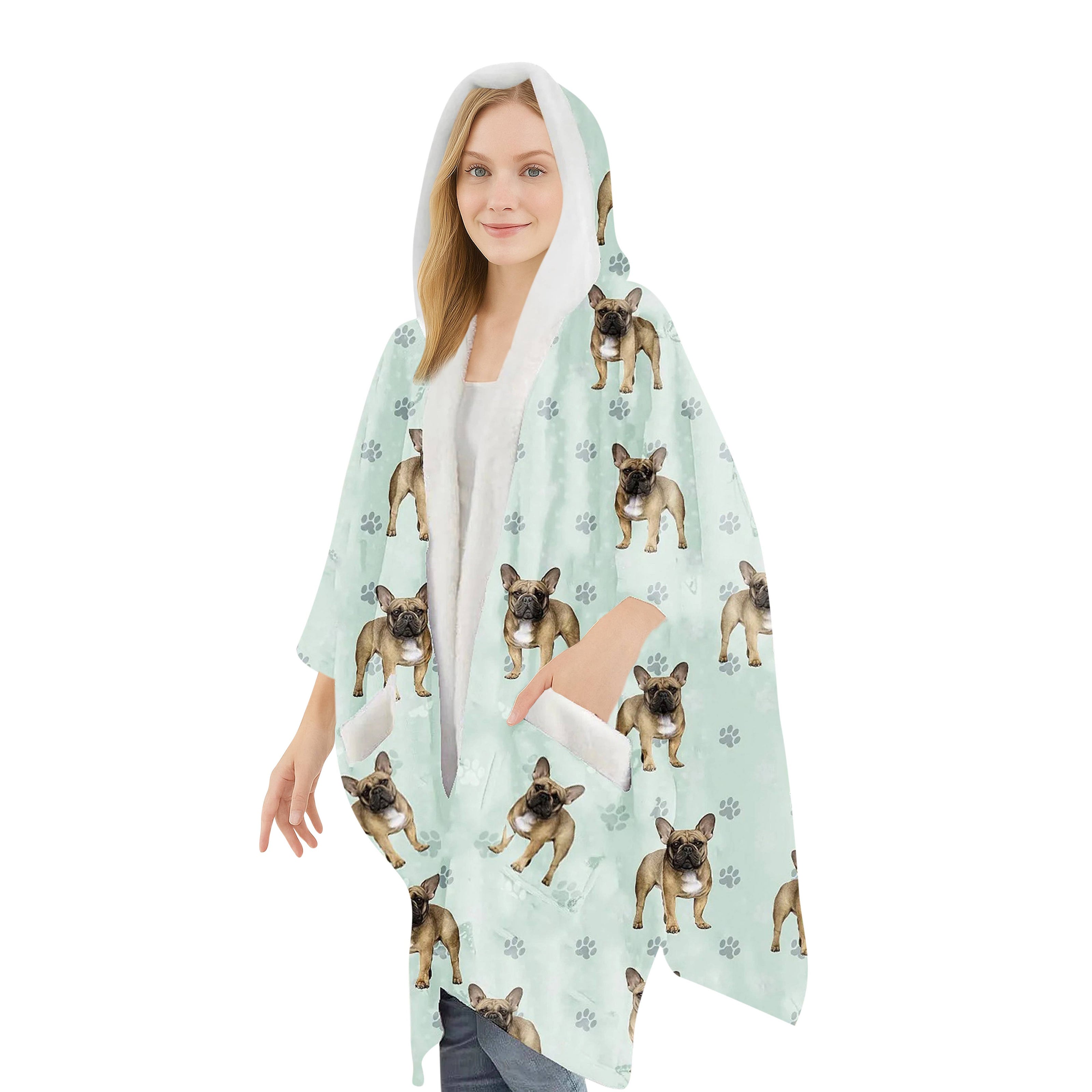 French Bulldog Snugg Wraps with Hoodie – Ultra Soft Sherpa Fleece Wrap for Pet Lovers