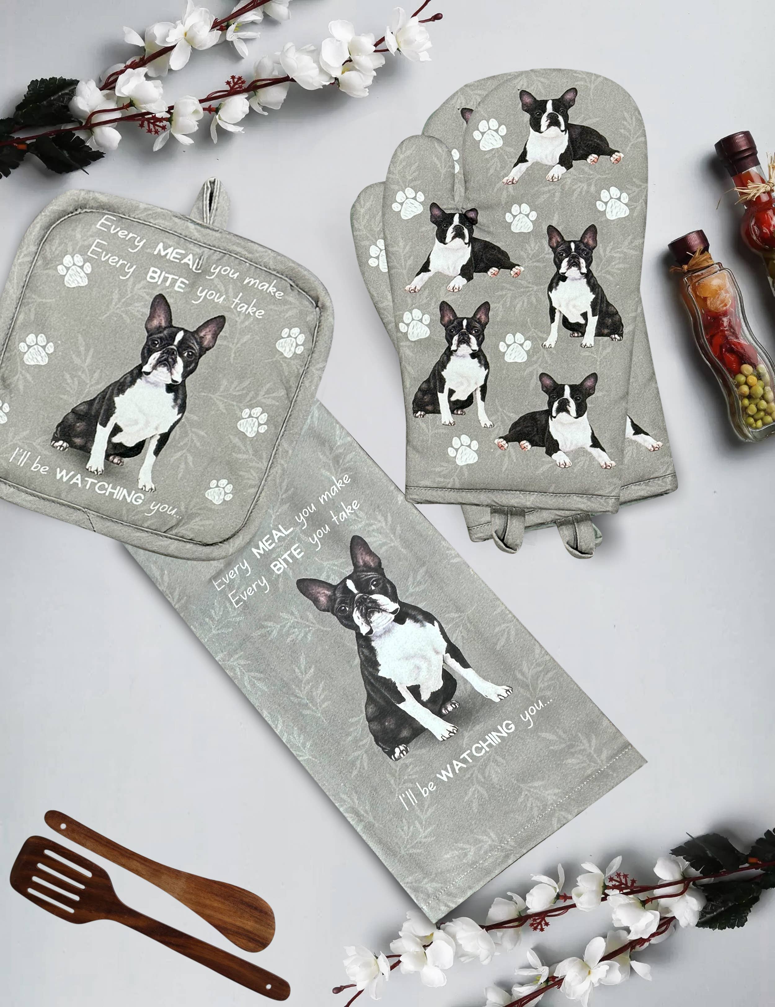 Boston Terrier, oven mitt set