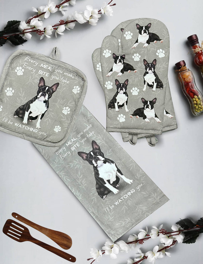 Boston Terrier, oven mitt set