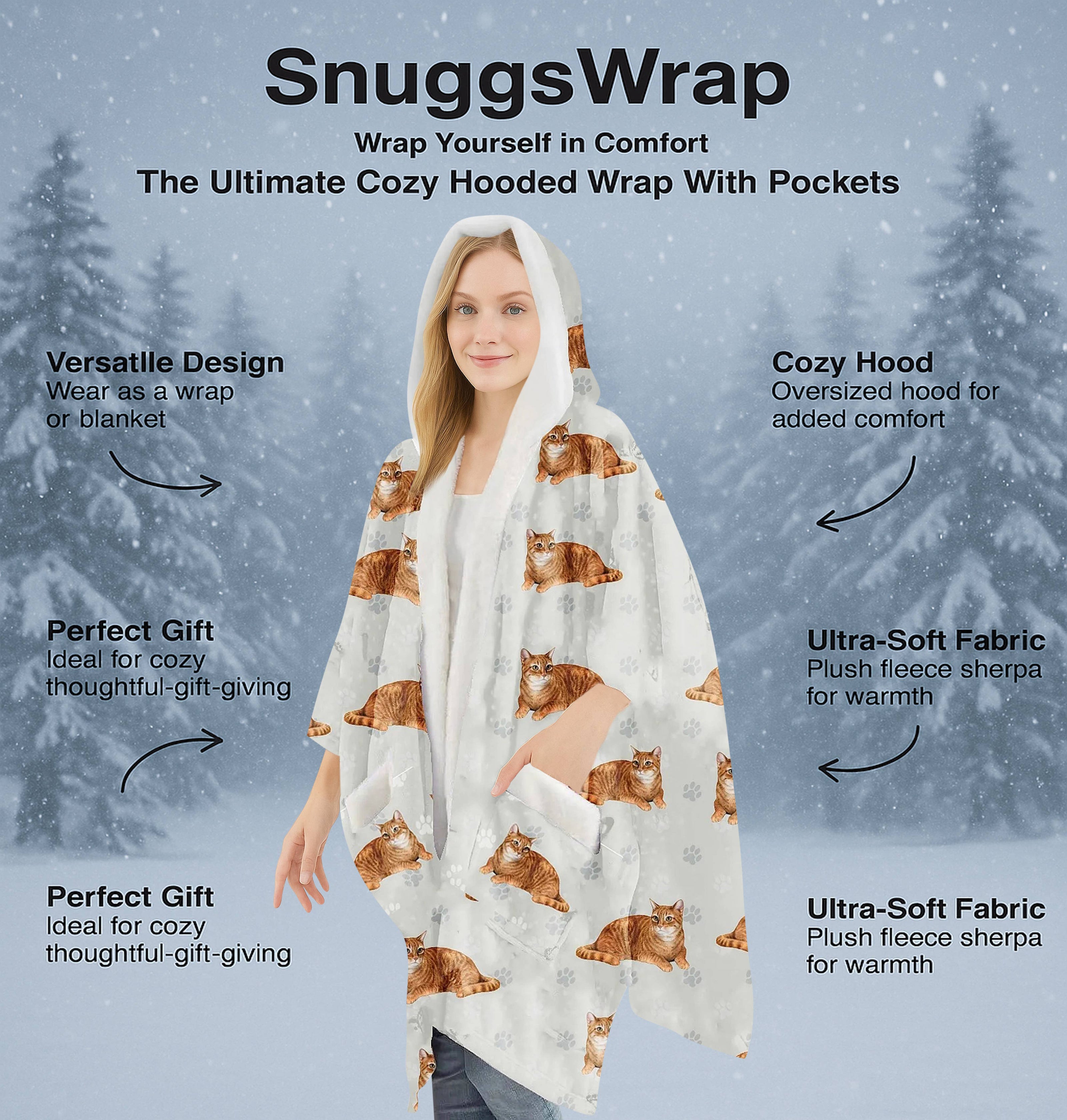 Tabby Orange Snugg Wraps with Hoodie – Ultra Soft Sherpa Fleece Wrap for Pet Lovers