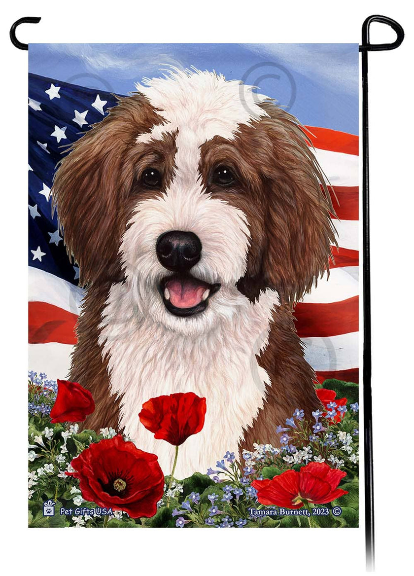 Bernedoodle Chocolate and White - Patriotic Flowers Garde...