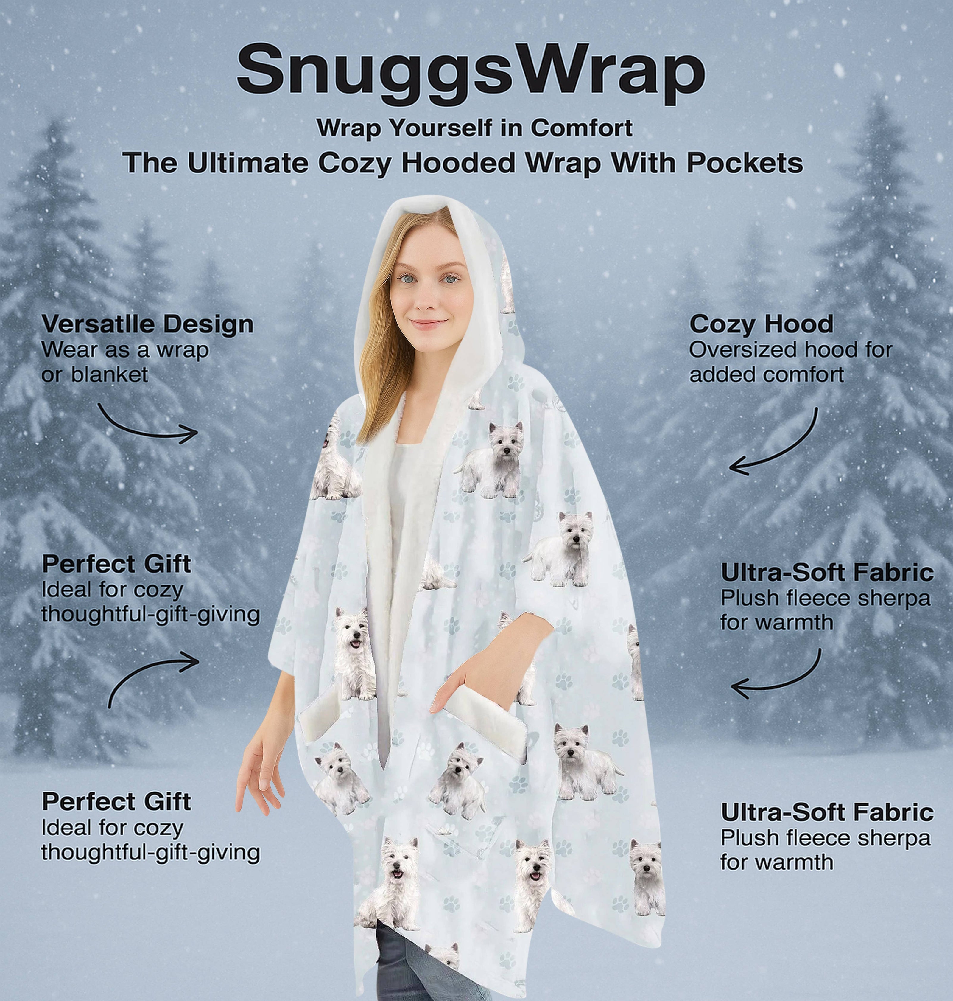 Westie Snugg Wraps with Hoodie – Ultra Soft Sherpa Fleece Wrap for Pet Lovers