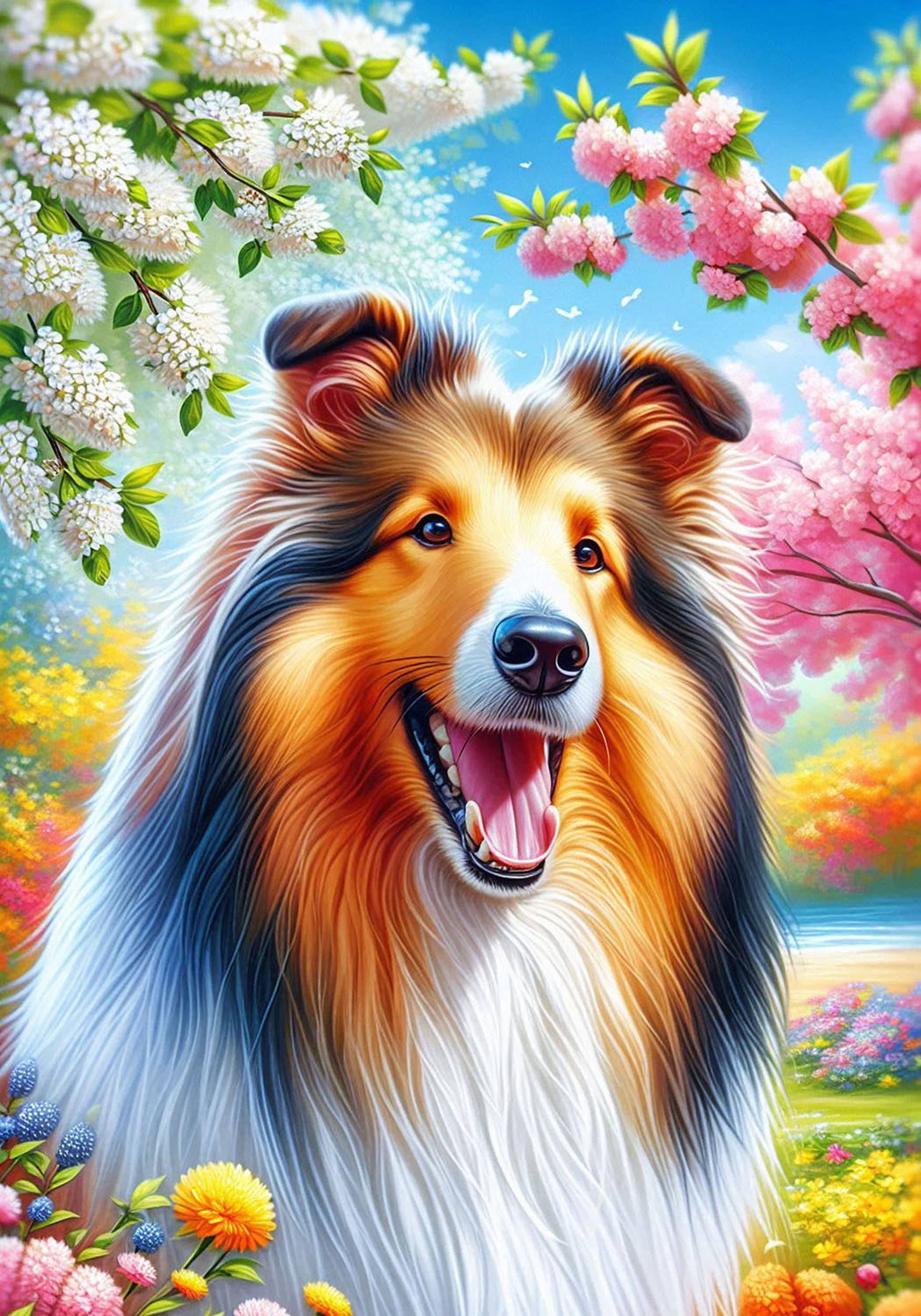 Collie Sable Colorful Floral Large House Flag