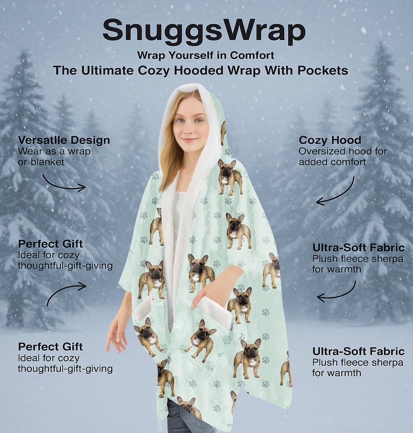 French Bulldog Snugg Wraps with Hoodie – Ultra Soft Sherpa Fleece Wrap for Pet Lovers