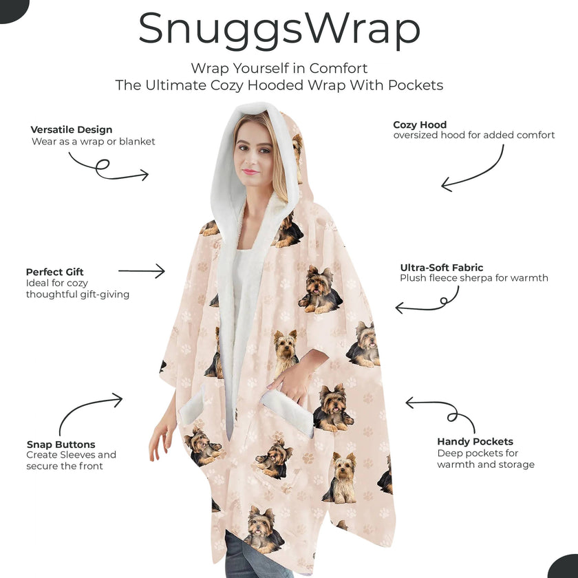 Yorkie Snugg Wraps with Hoodie – Ultra Soft Sherpa Fleece Wrap for Pet Lovers