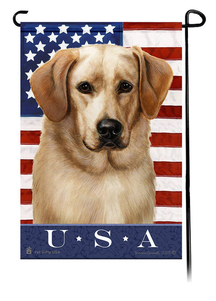 This Labrador Yellow Front Face USA American Garden Flag is a testament to the beauty of your favorite breed and the American Flag.