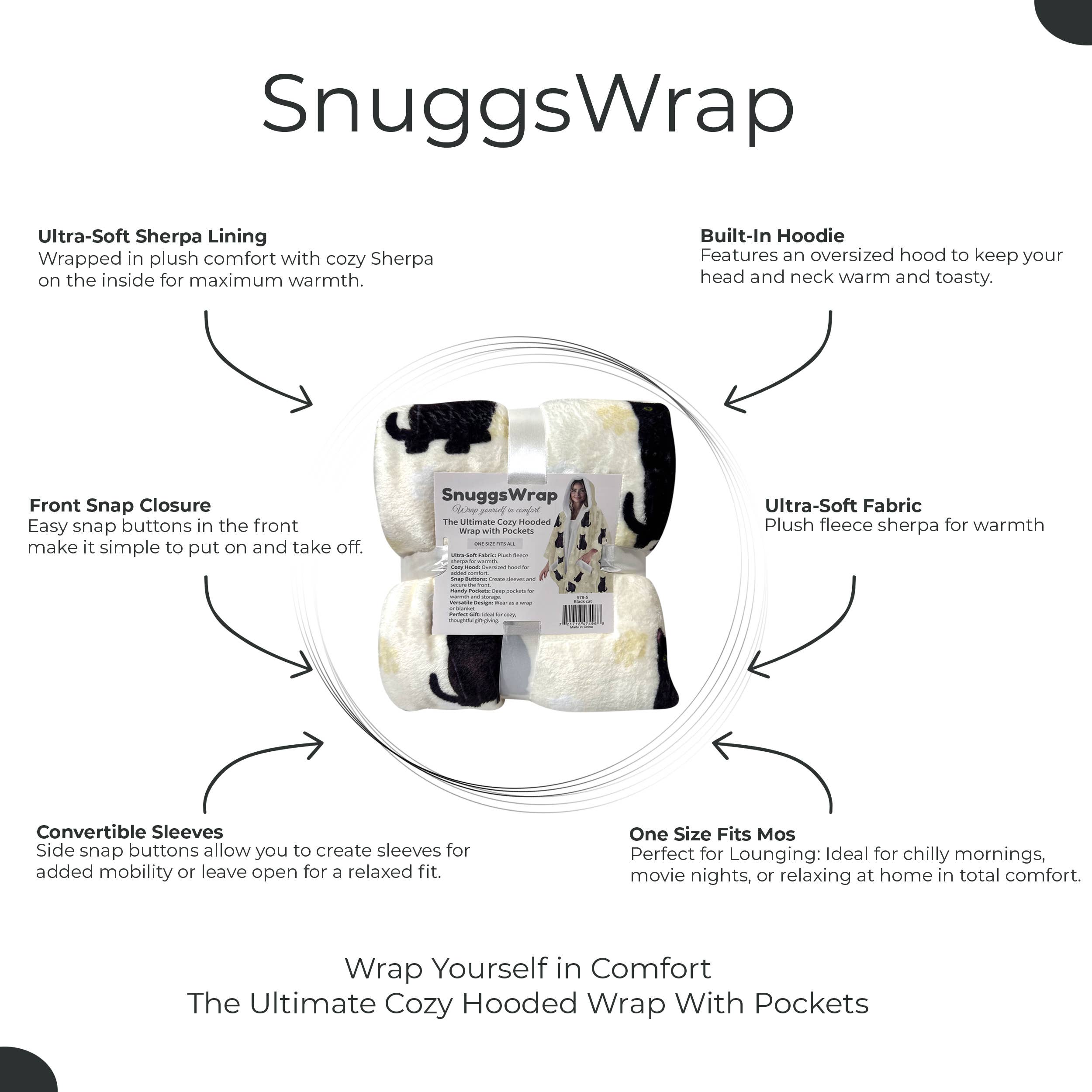 Black Cat Snugg Wraps with Hoodie – Ultra Soft Sherpa Fleece Wrap for Pet Lovers