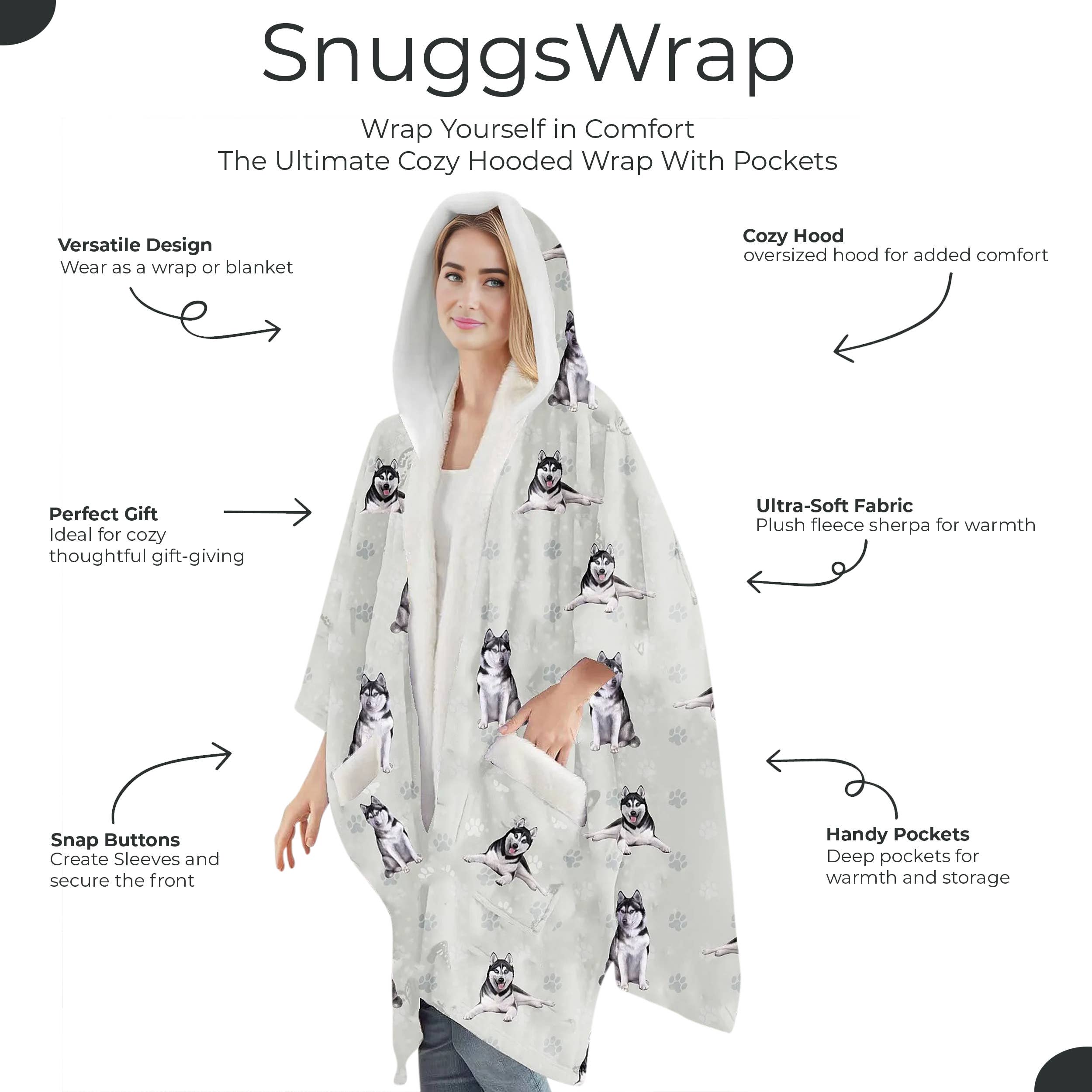 Siberian Husky Snugg Wraps with Hoodie – Ultra Soft Sherpa Fleece Wrap for Pet Lovers