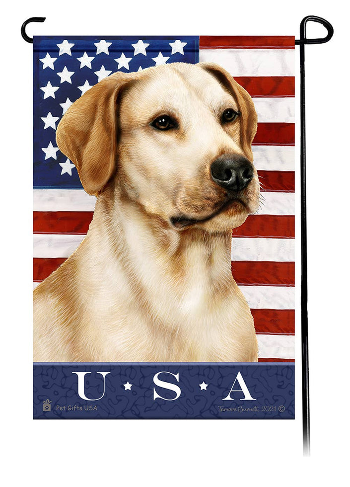 This Labrador Yellow American USA American Garden Flag is a testament to the beauty of your favorite breed and the American Flag.