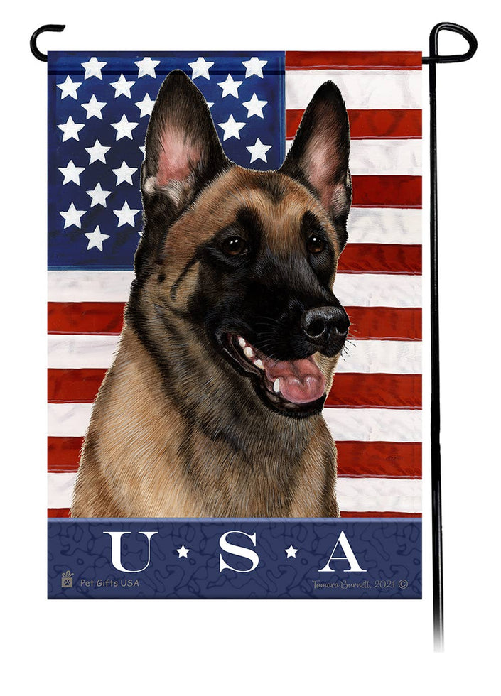 This Belgian Malinois Fawn Garden Flag is a testament to the beauty of your favorite breed and the American Flag.