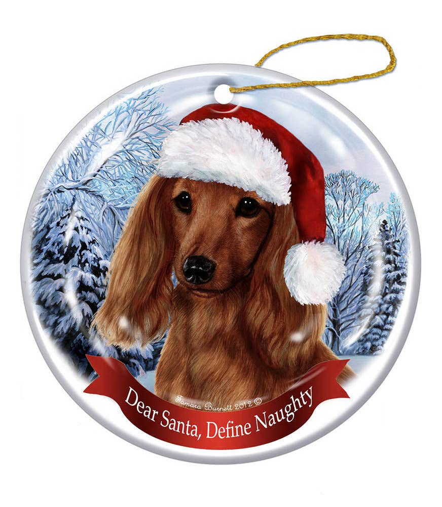 Dachshund (Red Longhair) Santa Hat Dog Porcelain  Ornament