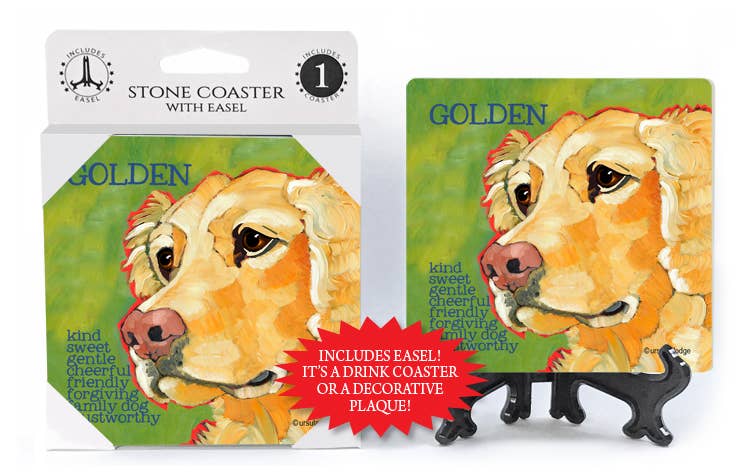 Golden (green bkgd) Absorbent stone coaster 1-pack with easel featuring the artwork of Ursula Dodge