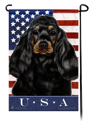 This Cocker Spaniel Black & Tan USA American Garden Flag is a testament to the beauty of your favorite breed and the American Flag.