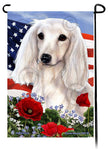 Dachshund Long Haired White Patriotic Flowers Garden Flag