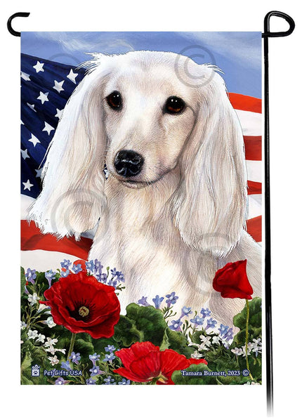 Dachshund Long Haired White Patriotic Flowers Garden Flag