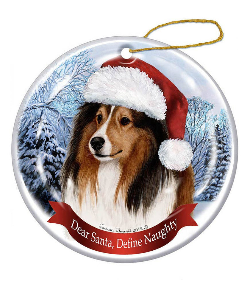 Sheltie (Tri-Color) Santa Hat Dog Porcelain Ornament