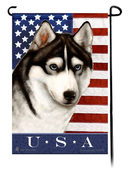 This Siberian Husky Black & White Blue Eye USA American Garden Flag is a testament to the beauty of your favorite breed and the American Flag.