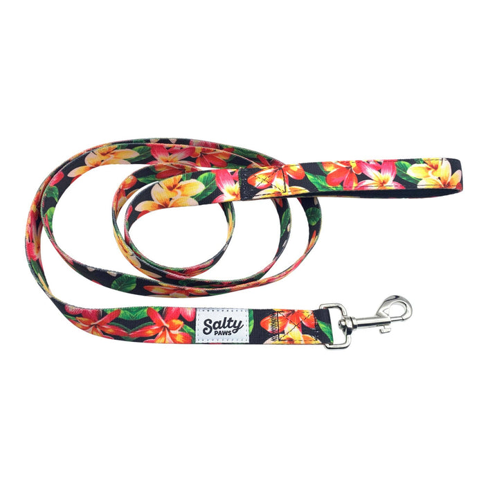 Hawaiian Print Dog Leash Tropical Black Floral  6' Length