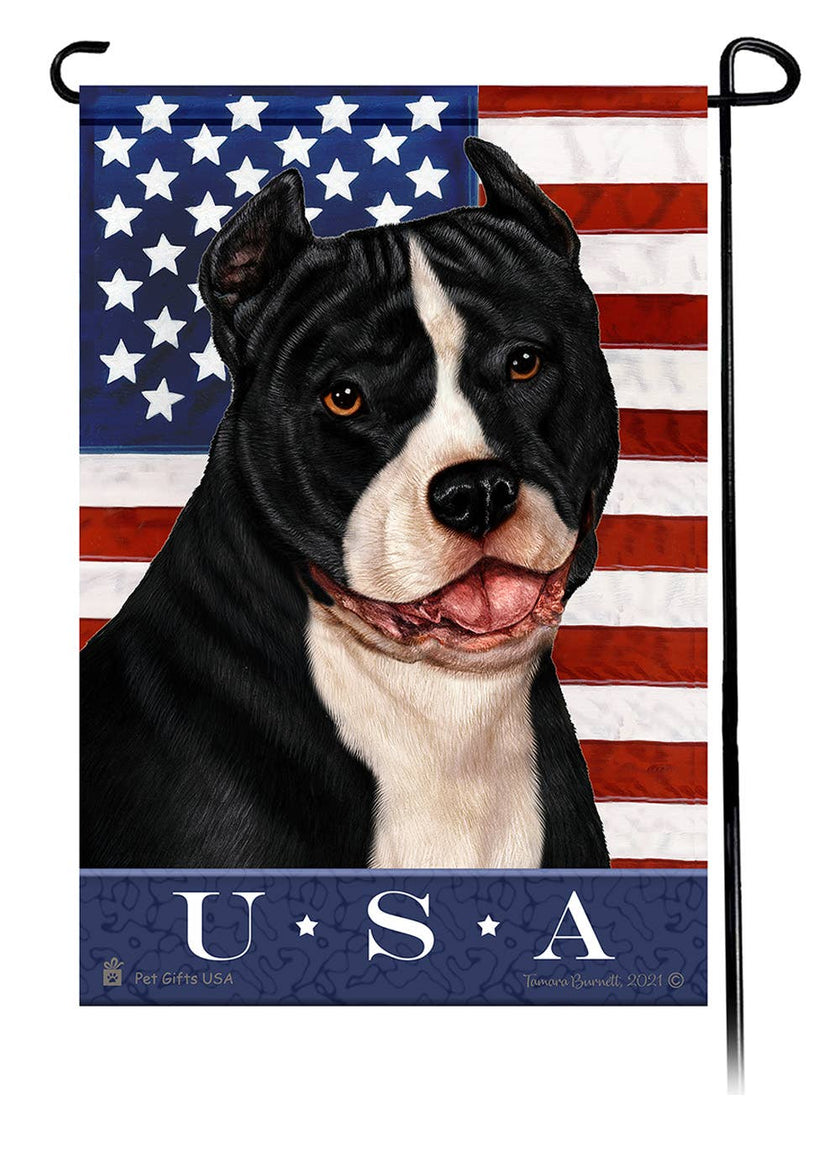 This Pit Bull Black & White Uncropped USA American Garden Flag is a testament to the beauty of your favorite breed and the American Flag. 