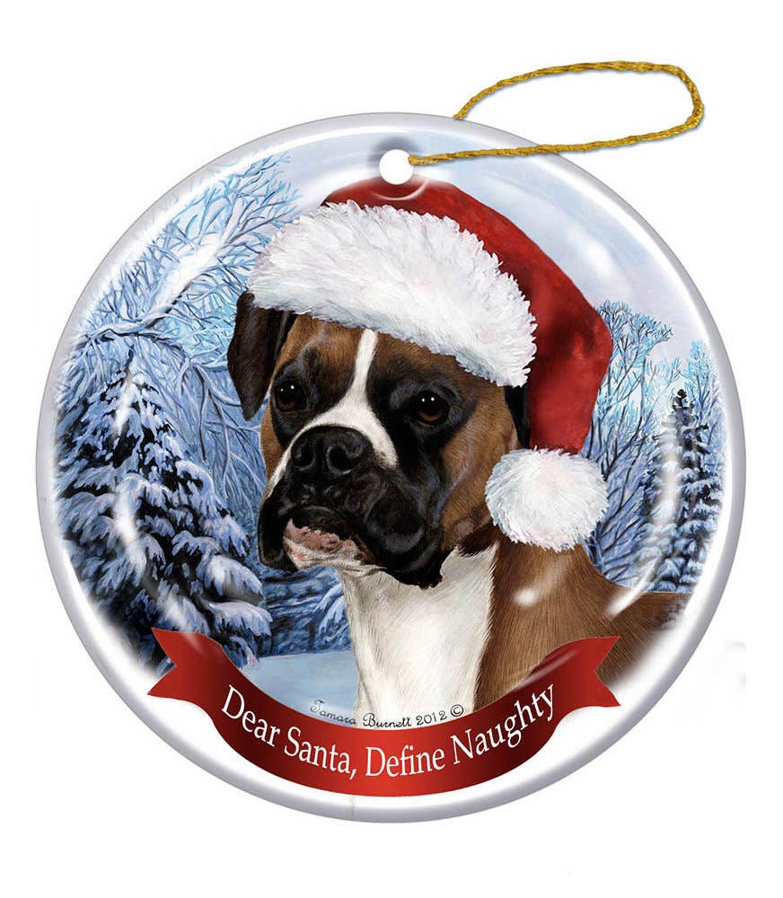Boxer (Uncropped) Fawn Santa Hat Dog Porcelain  Ornament