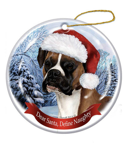 Boxer (Uncropped) Fawn Santa Hat Dog Porcelain  Ornament